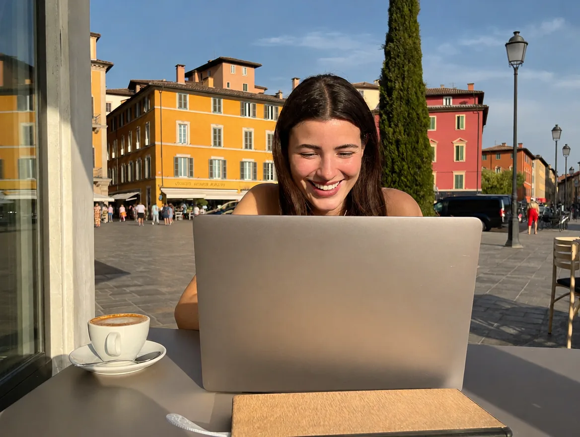 Una ragazza studia al portatile seduta al tavolino di un bar