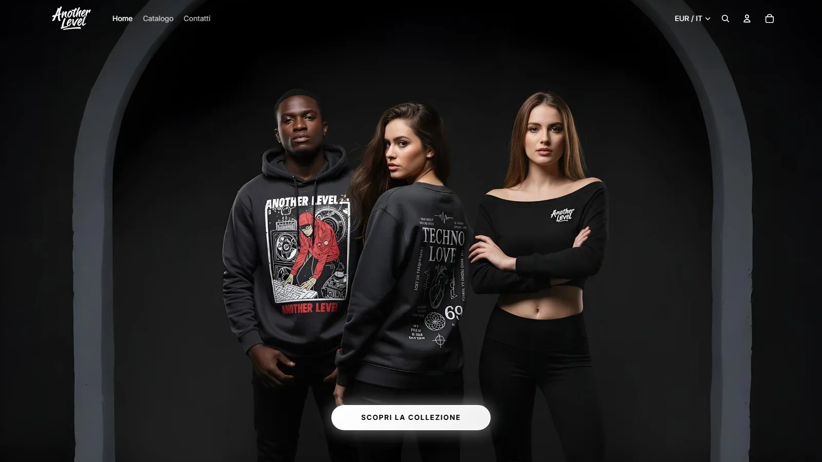 AnotherLevel: Negozio Shopify di streetwear: 13 articoli in due collezioni, carrello a lato e account con gli ordini.