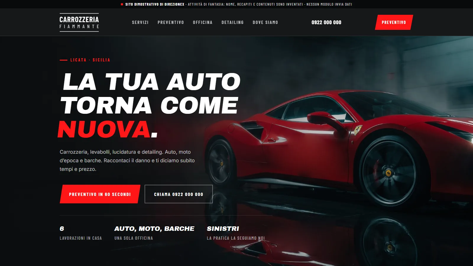 Schermata del sito dimostrativo Carrozzeria Fiammante