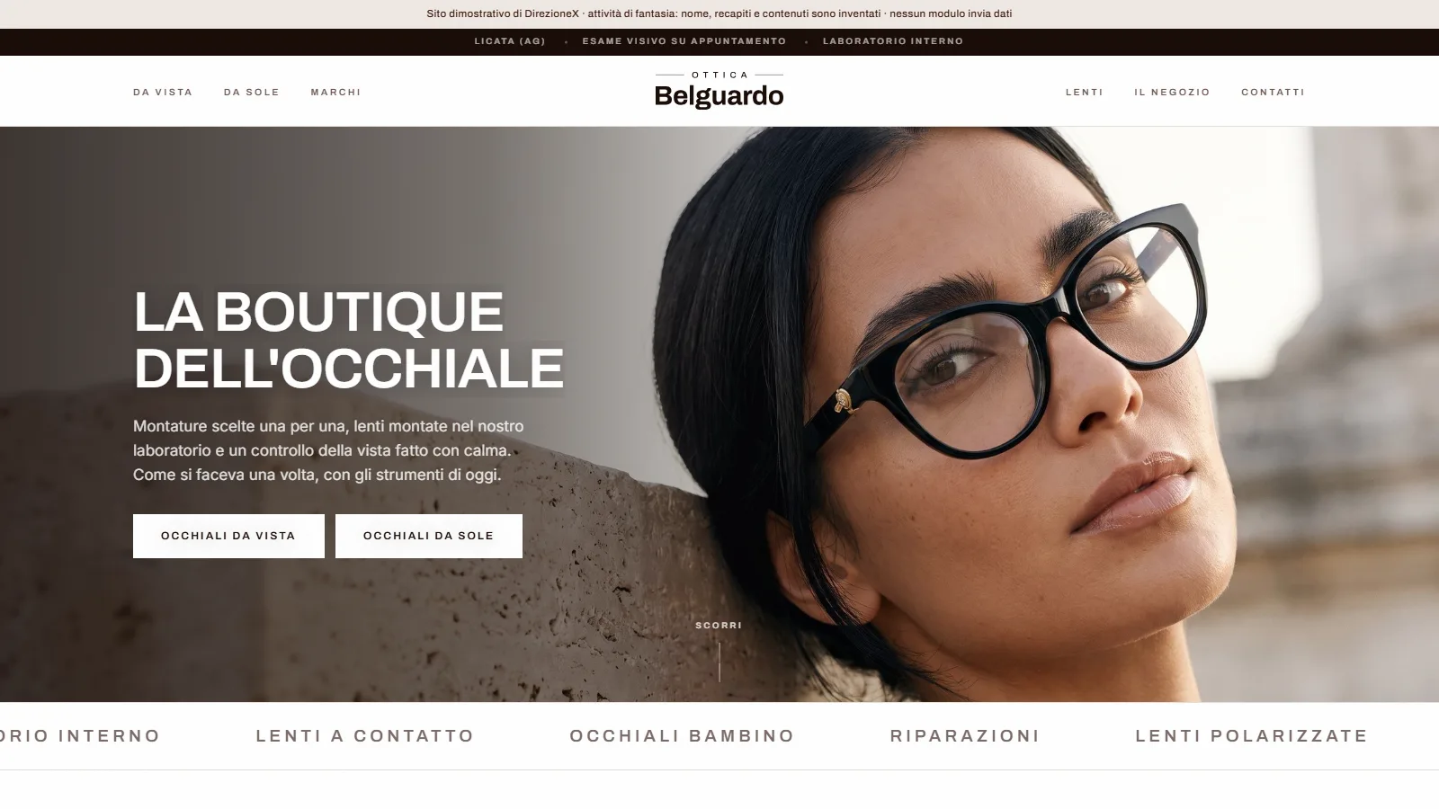 Schermata del sito dimostrativo Ottica Belguardo