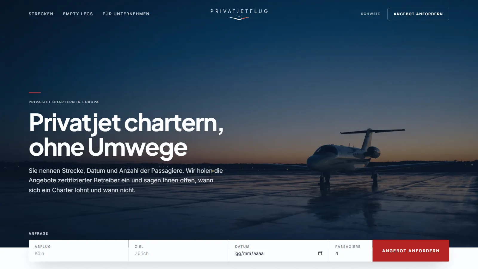 La prima schermata del sito Privatjetflug
