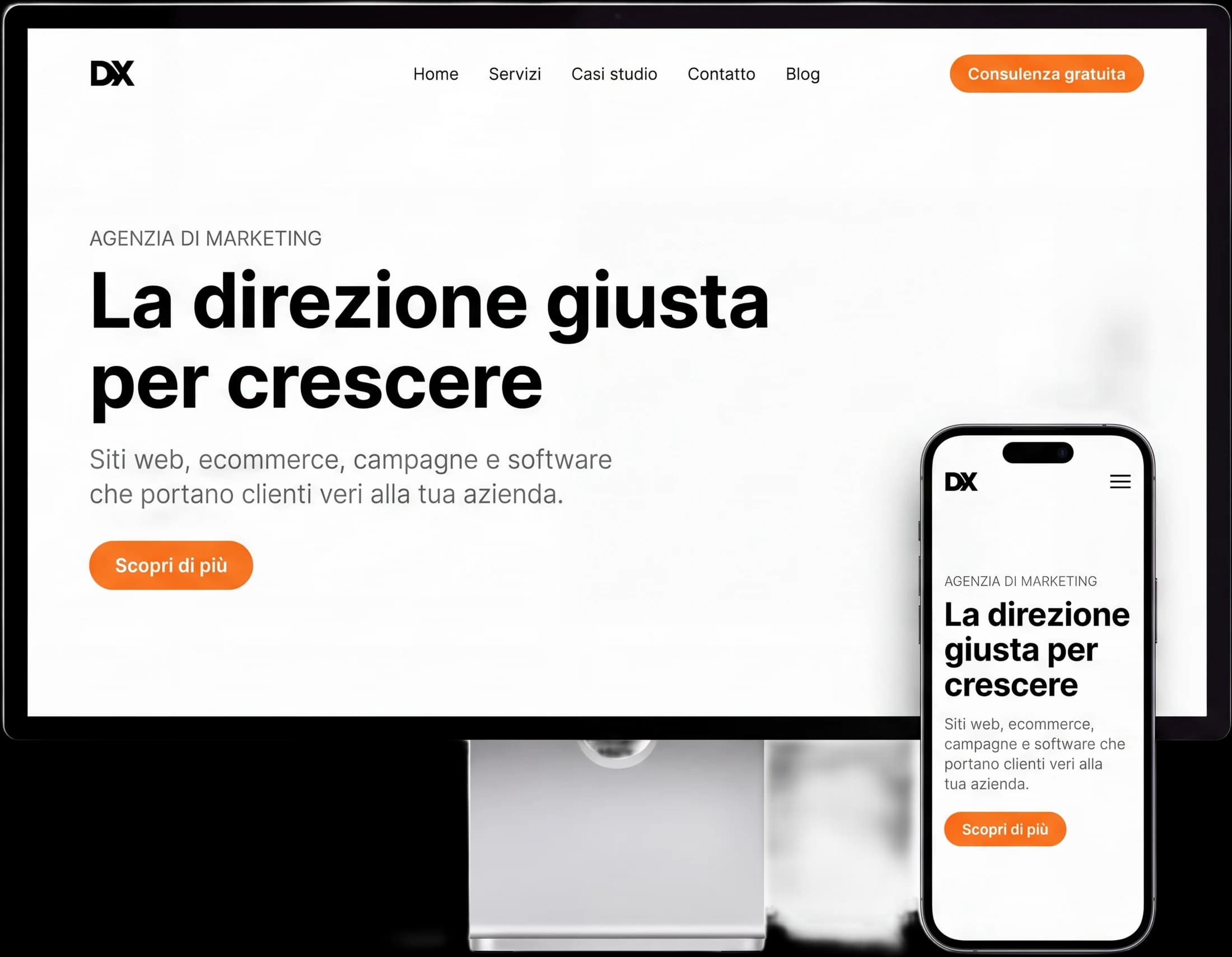 Sito web DirezioneX su monitor e telefono