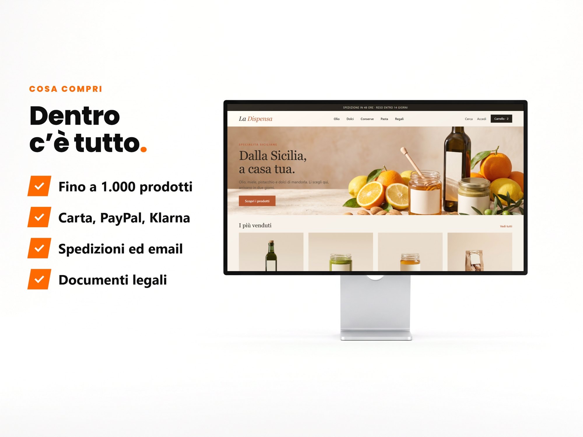 Cosa compri: fino a 1.000 prodotti, carta, PayPal e Klarna, spedizioni ed email, documenti legali