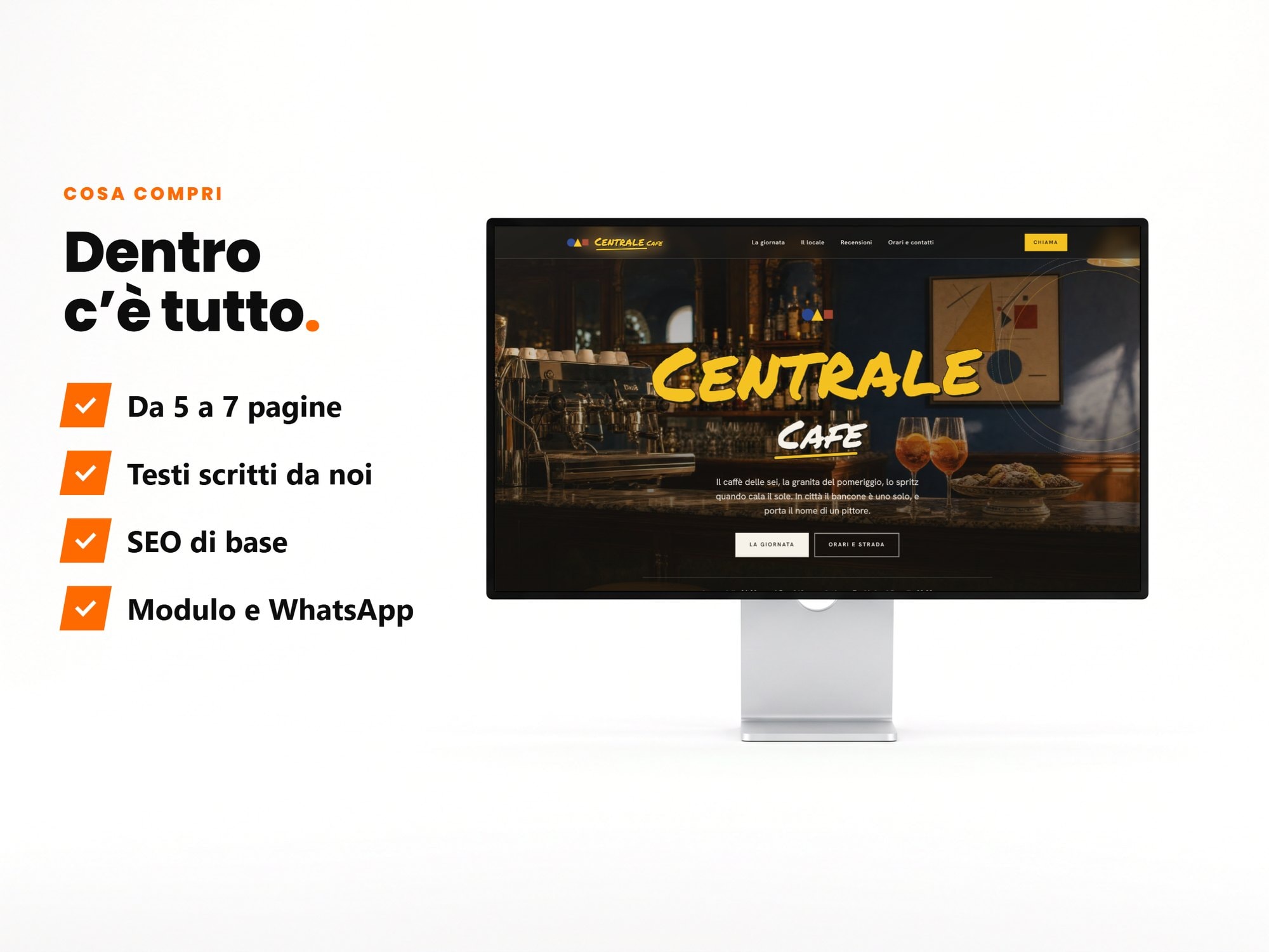 Cosa compri: da 5 a 7 pagine, testi scritti da noi, SEO di base, modulo e WhatsApp