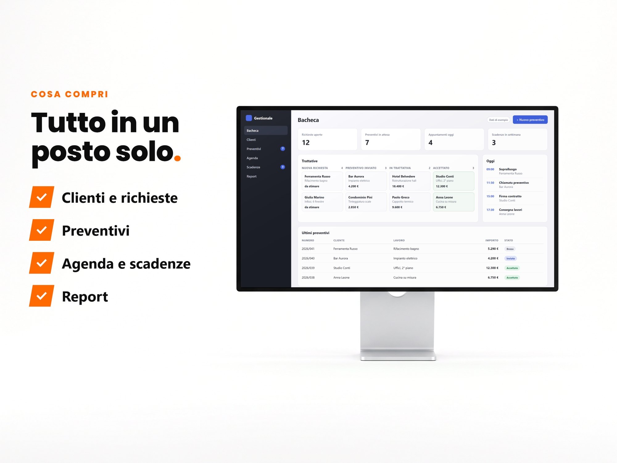 Tutto in un posto solo: clienti e richieste, preventivi, agenda e scadenze, report