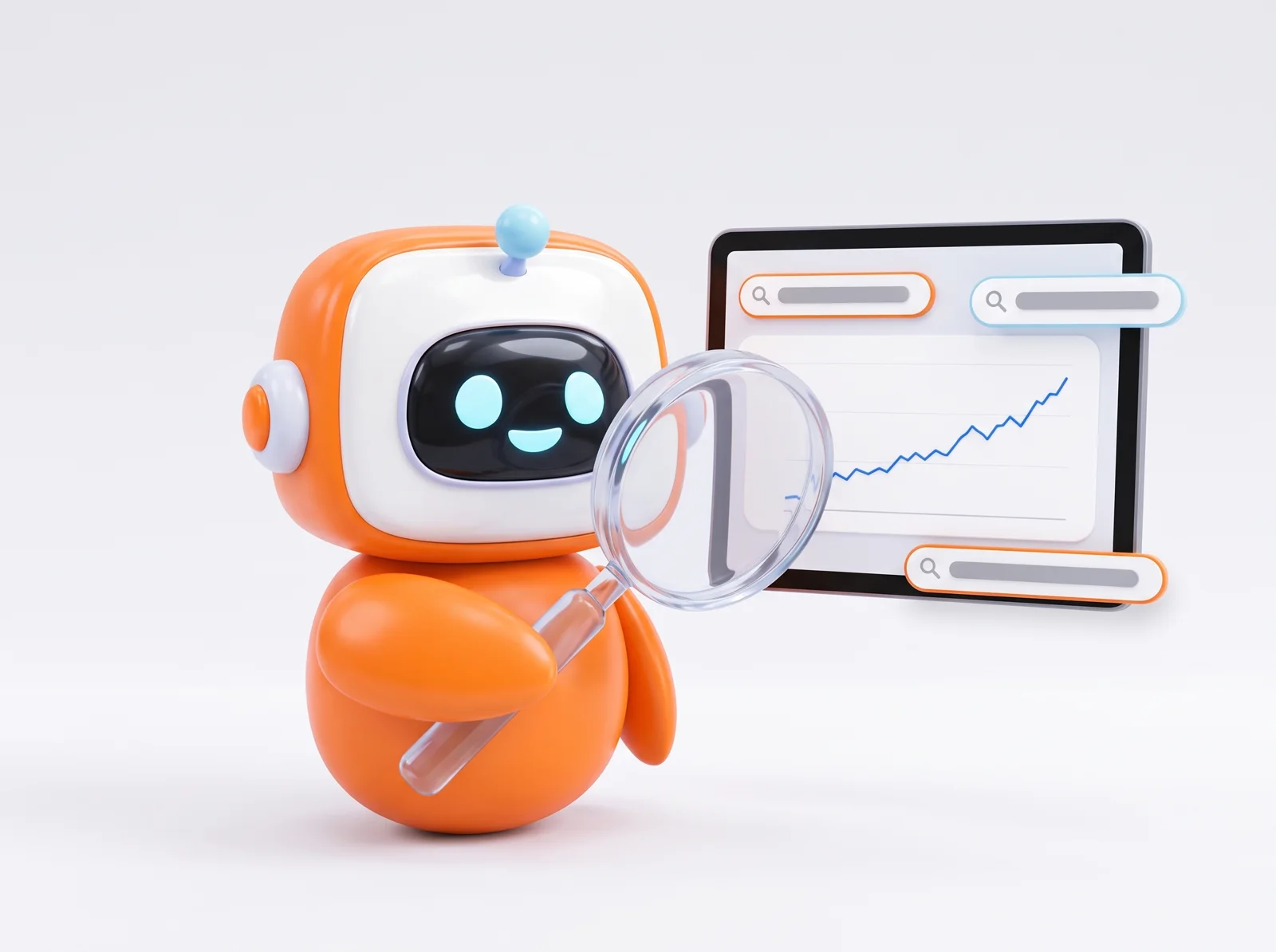 Il robot RankX guarda con una lente le ricerche e il grafico delle visite