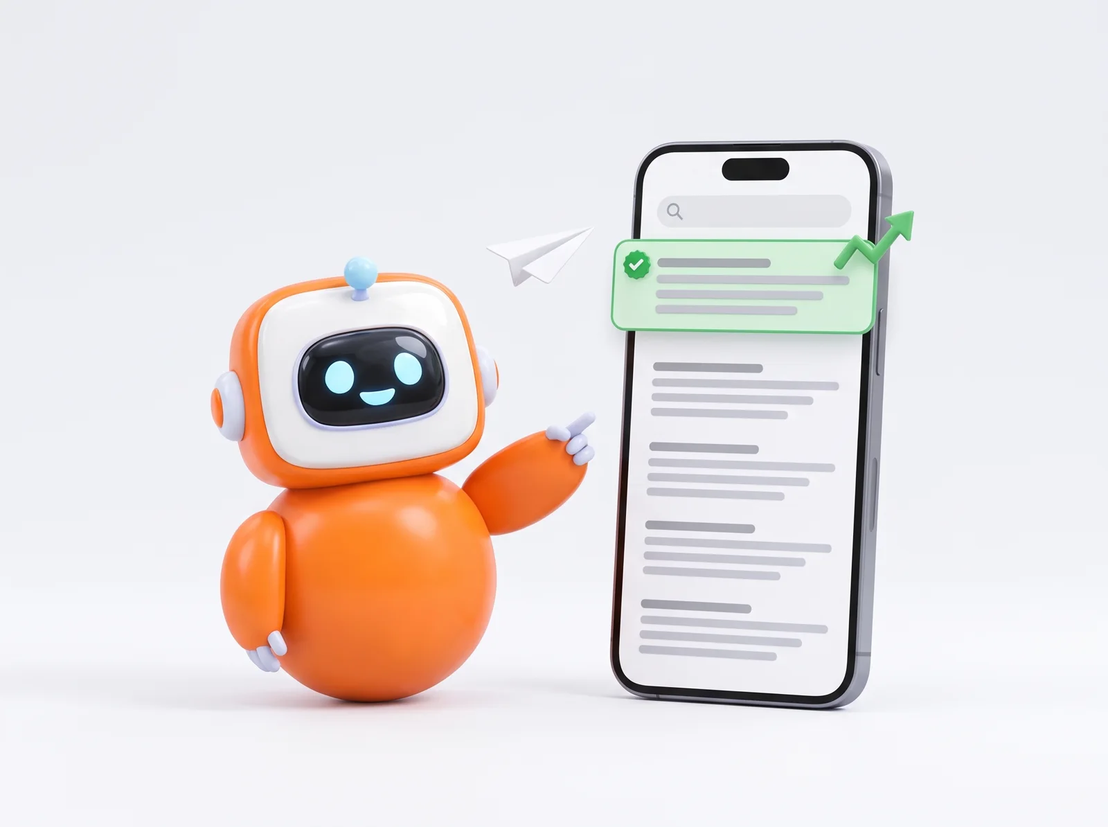 Il robot RankX indica un telefono con il primo risultato di ricerca evidenziato