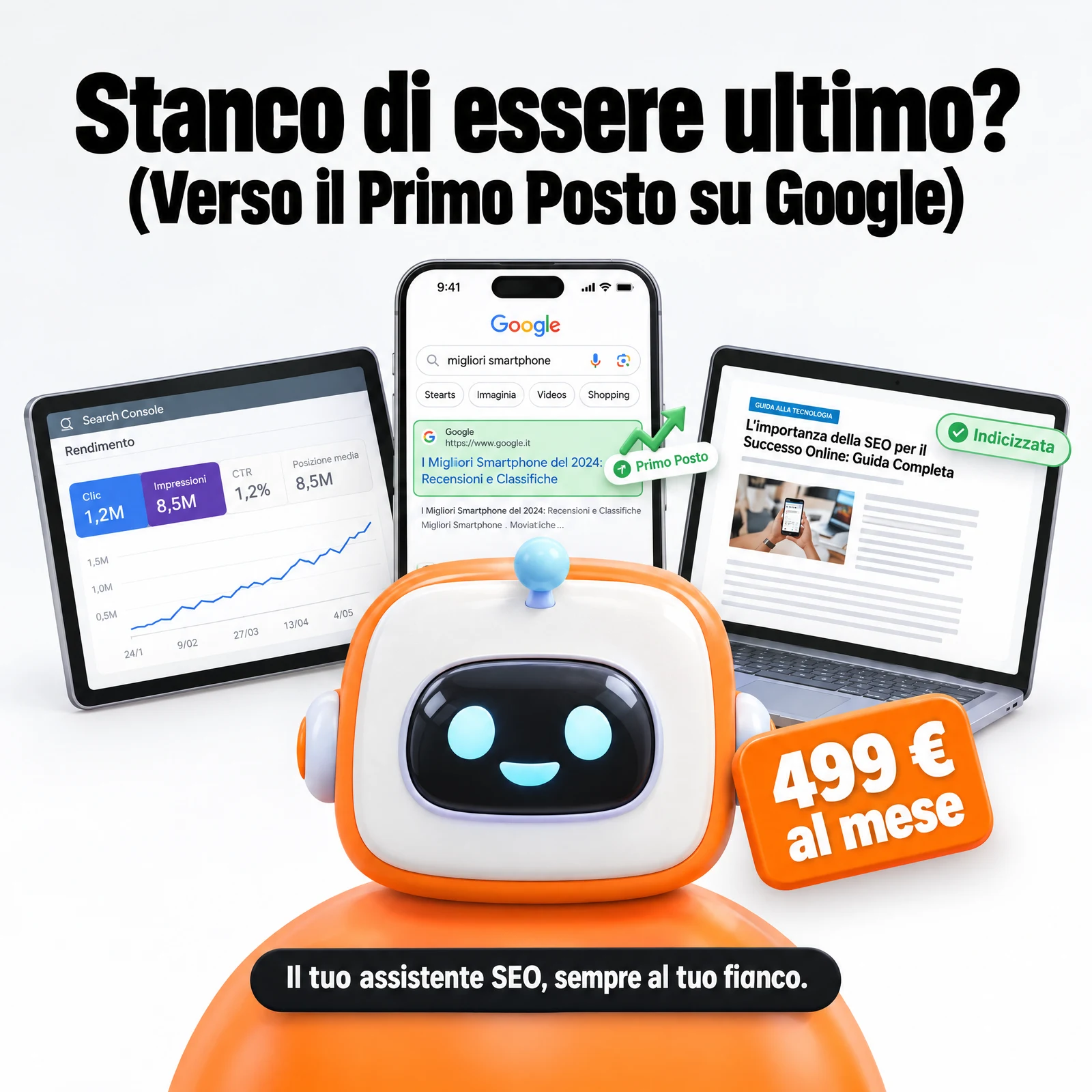Stanco di essere ultimo? Verso il primo posto su Google: il robot RankX davanti a Search Console, risultati di ricerca e una pagina indicizzata. 499 € al mese