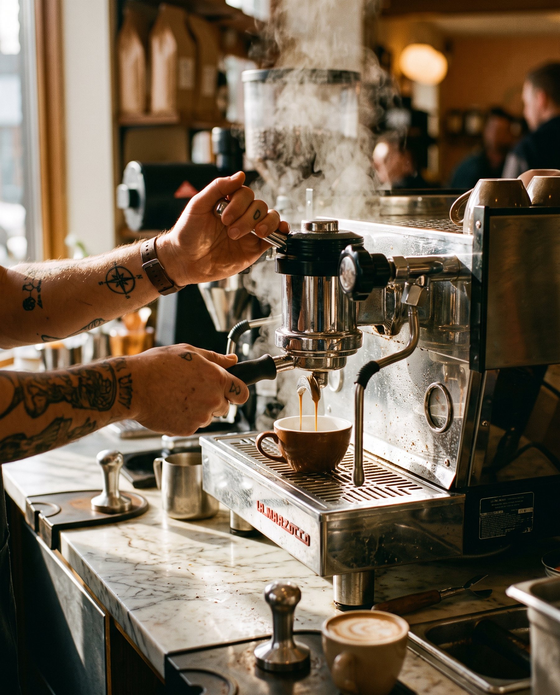 Le mani del barista sotto la macchina del caffè