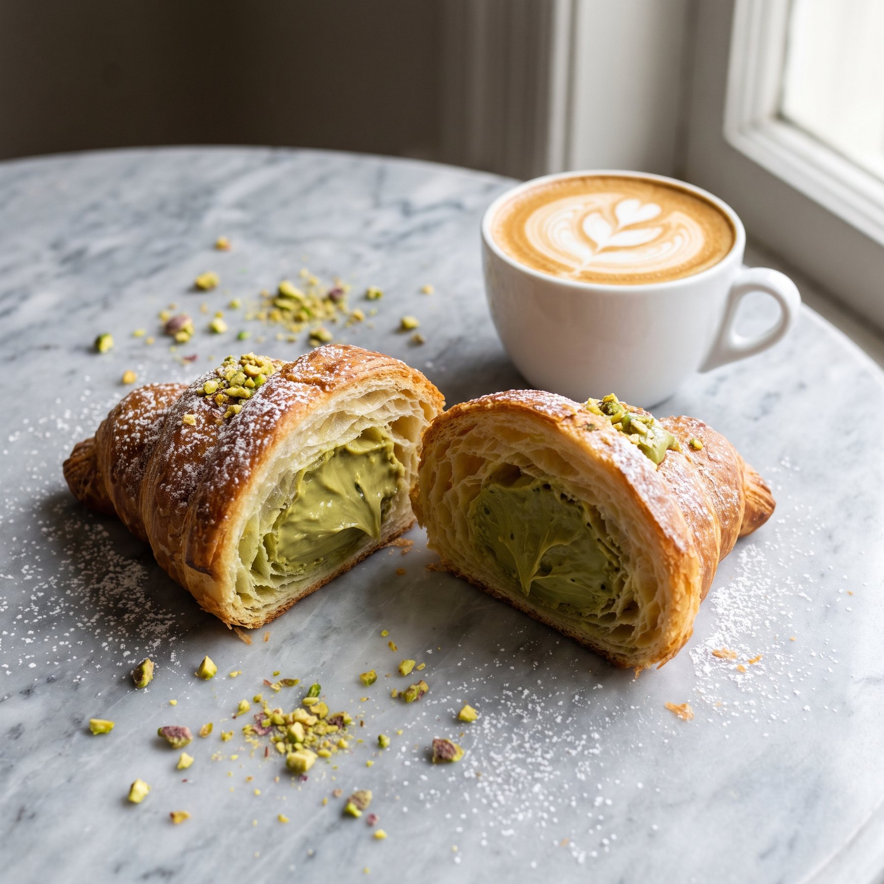 Cornetto al pistacchio e cappuccino
