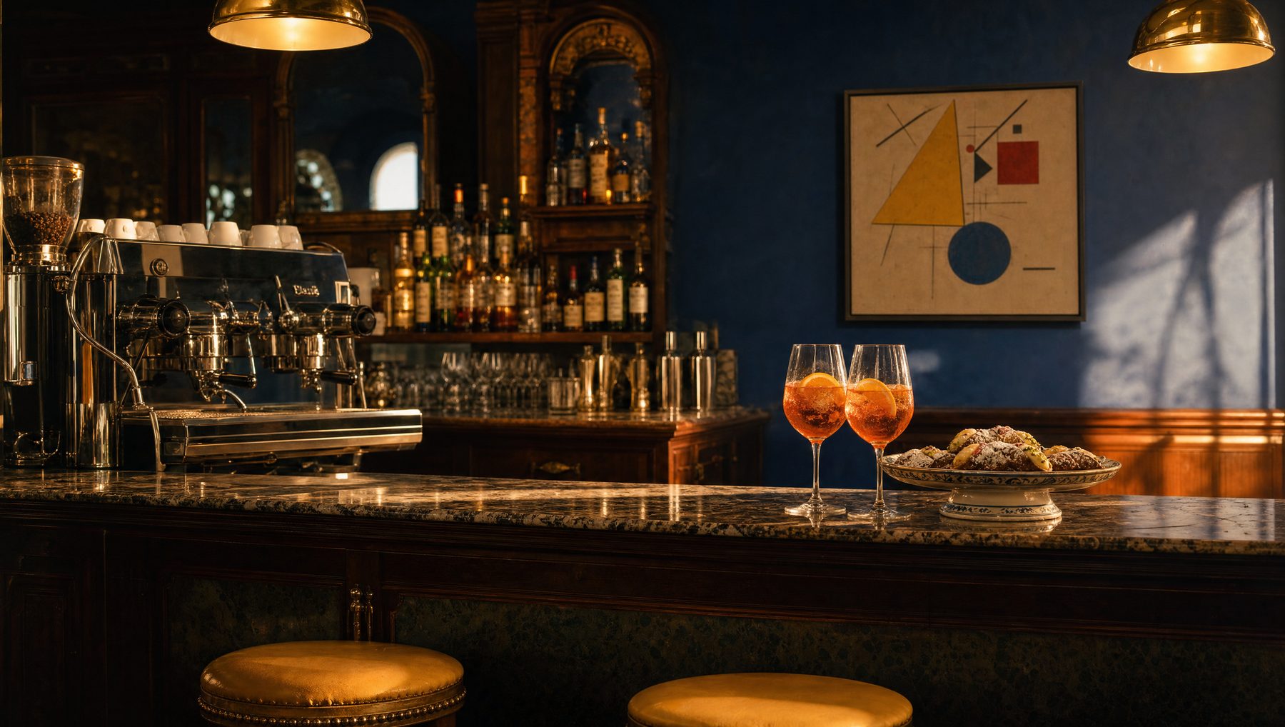 Il bancone del Kandinsky Cafe all&rsquo;ora dell&rsquo;aperitivo, col quadro sulla parete blu