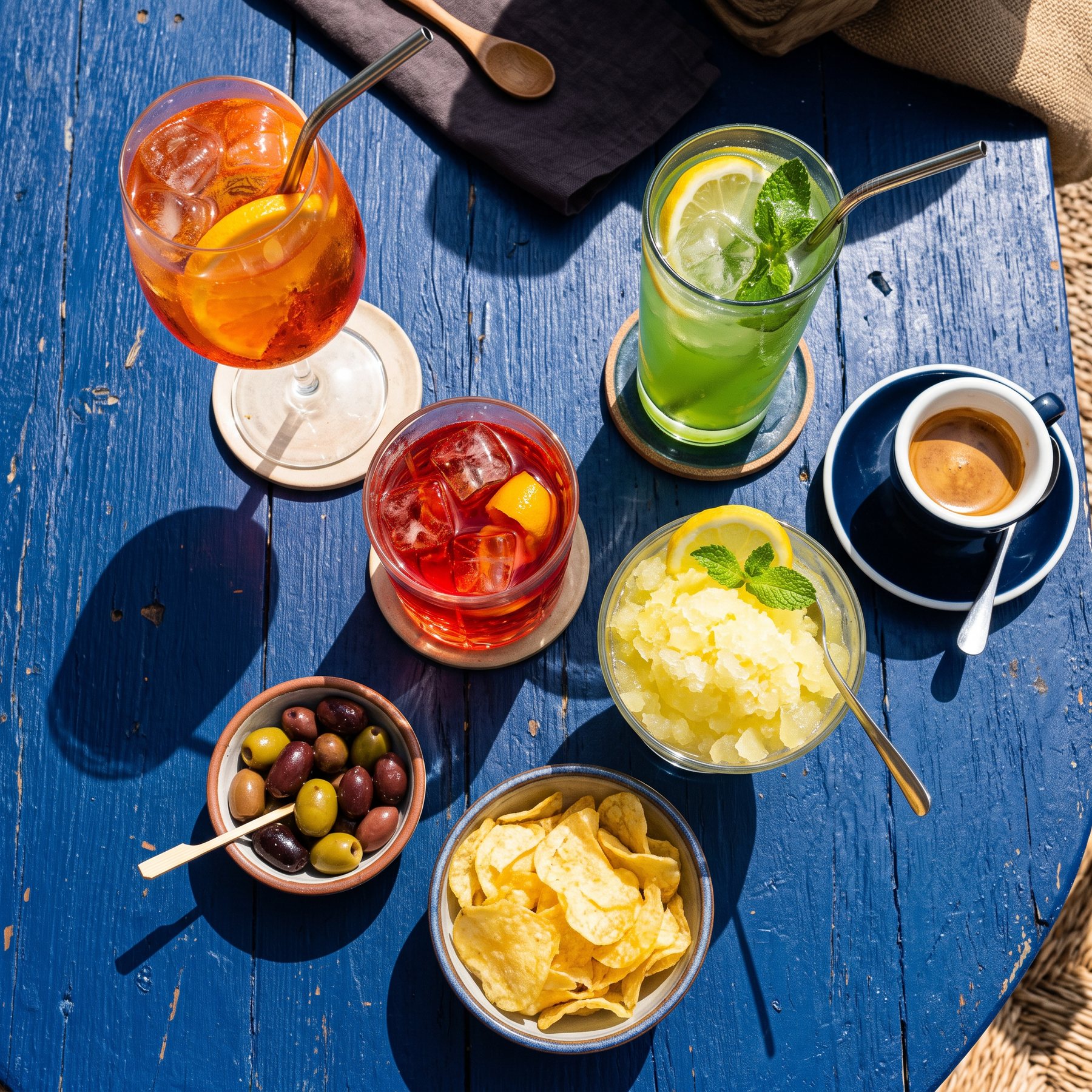 Cocktail e granita sul tavolo blu