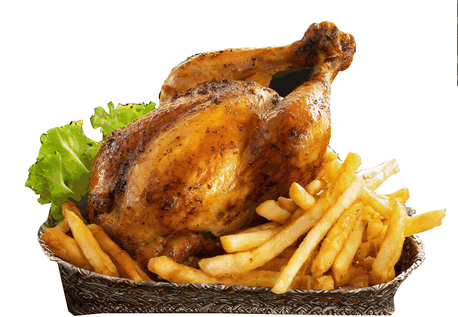 Pollo alla brace con patatine nel vassoio